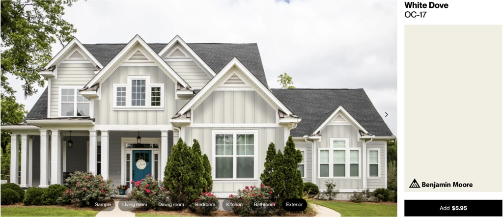 A photo of a home with exterior paint next to a Samplize paint sample